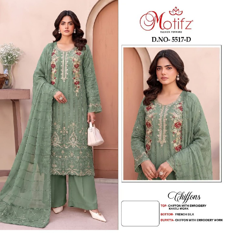 MOTIFZ D.NO 5517 WHOLESALE CHIFFON PAKISTANI PRETTY LOOK UNSTITCH SALWAR SUITS EXPORTER