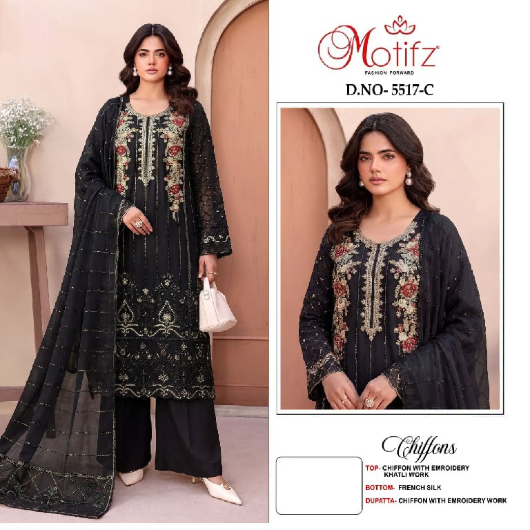 MOTIFZ D.NO 5517 WHOLESALE CHIFFON PAKISTANI PRETTY LOOK UNSTITCH SALWAR SUITS EXPORTER