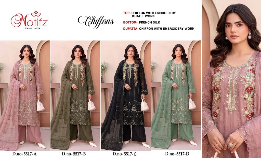 MOTIFZ D.NO 5517 WHOLESALE CHIFFON PAKISTANI PRETTY LOOK UNSTITCH SALWAR SUITS EXPORTER