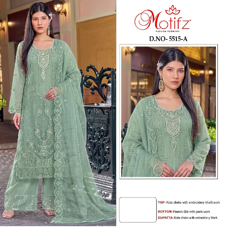 MOTIFZ D.NO 5515 WHOLESALE KOTA CHECKS WITH HEAVY WORK PAKISTANI UNSTITCH SALWAR SUITS SUPPLIER