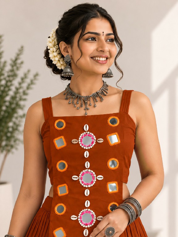 TEXTILEDEAL D.NO SKU-7106 WHOLESALE READYMADE ROMAN SILK BEAUTIFUL FLARED NAVRATRI CHANIYA CHOLI FOR EXPORT