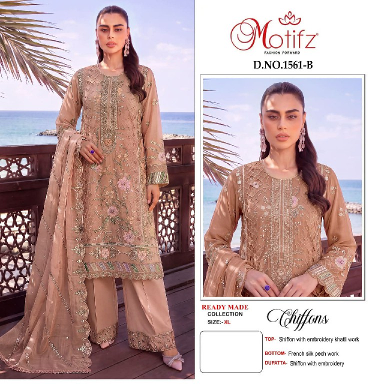 MOTIFZ D.NO 1561 WHOLESALE READYMADE CHIFFON PAKISTANI GORGEOUS LOOK 3 PCS SUITS EXPORTER
