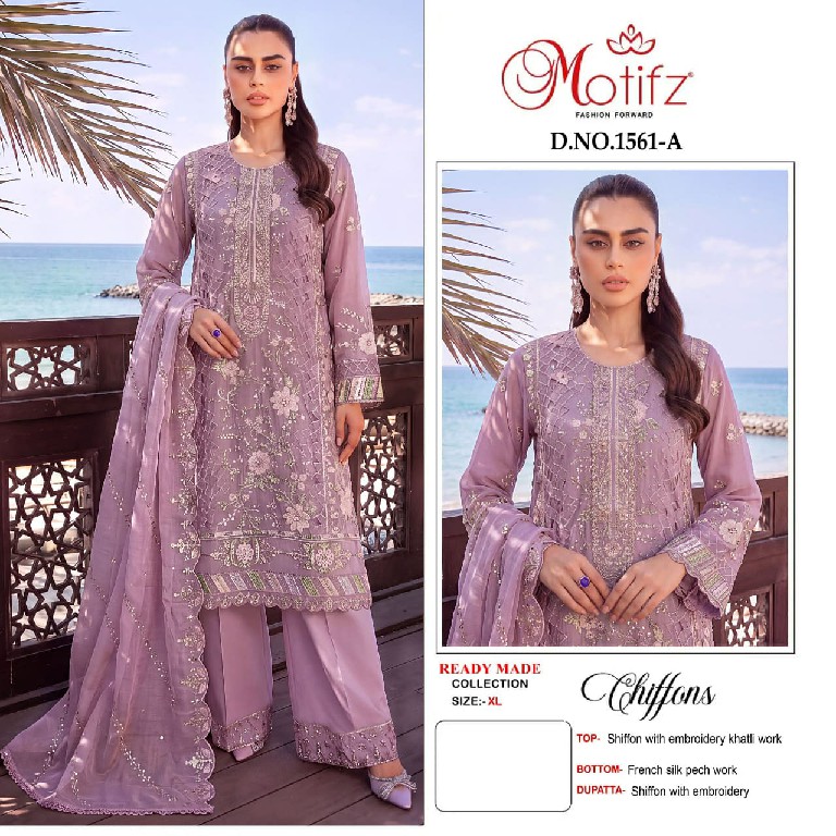 MOTIFZ D.NO 1561 WHOLESALE READYMADE CHIFFON PAKISTANI GORGEOUS LOOK 3 PCS SUITS EXPORTER