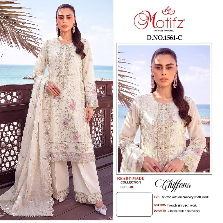 MOTIFZ D.NO 1561 WHOLESALE READYMADE CHIFFON PAKISTANI GORGEOUS LOOK 3 PCS SUITS EXPORTER