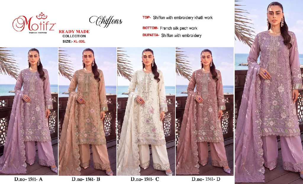 MOTIFZ D.NO 1561 WHOLESALE READYMADE CHIFFON PAKISTANI GORGEOUS LOOK 3 PCS SUITS EXPORTER