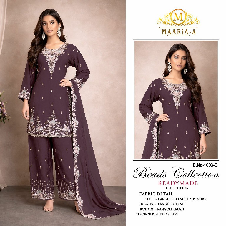MAARIA-A D.NO 1003 WHOLESALE READYMADE RANGOLI CRUSH BEADS WORK PAKISTANI 3 PCS SUITS FOR EXPORT