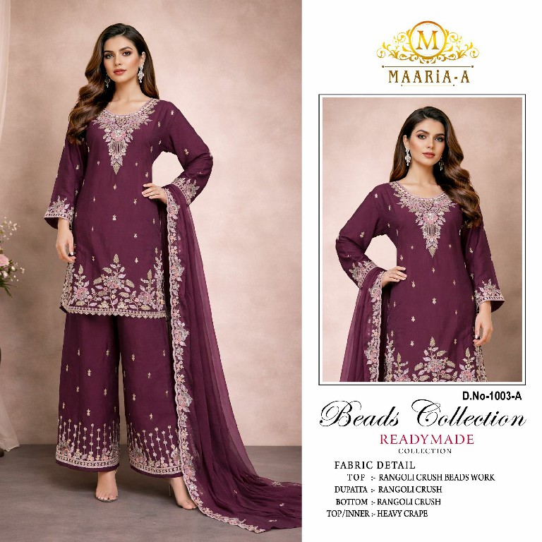 MAARIA-A D.NO 1003 WHOLESALE READYMADE RANGOLI CRUSH BEADS WORK PAKISTANI 3 PCS SUITS FOR EXPORT