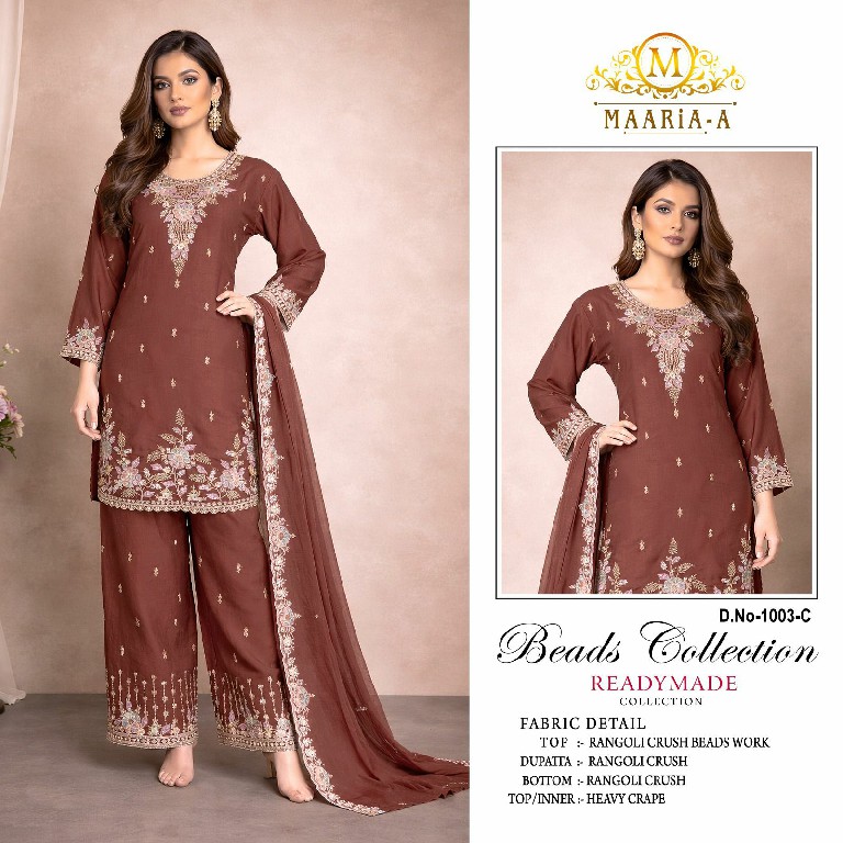 MAARIA-A D.NO 1003 WHOLESALE READYMADE RANGOLI CRUSH BEADS WORK PAKISTANI 3 PCS SUITS FOR EXPORT