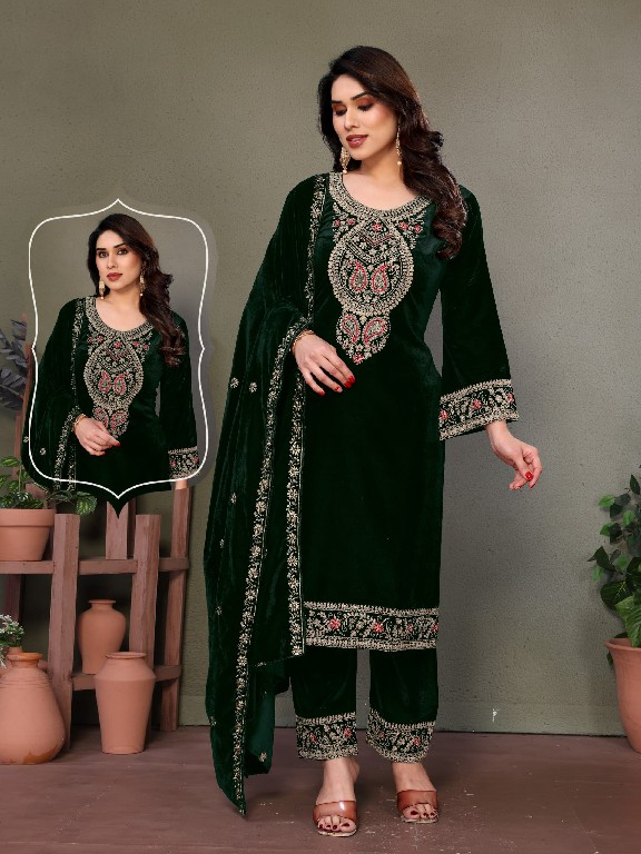 AARSH D.NO 1007 WHOLESALE READYMADE VELVET WITH WORK WINTER SPECIAL 3 PCS SUITS FOR EXPORT