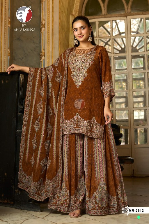 ANJU FAB D.NO MR 2612 WHOLESALE READYMADE PURE NATURAL CREPE PARTY WEAR 3 PCS COMBO SET SUITS SUPPLIER