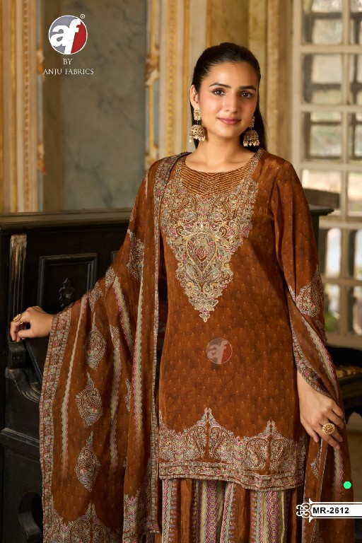 ANJU FAB D.NO MR 2612 WHOLESALE READYMADE PURE NATURAL CREPE PARTY WEAR 3 PCS COMBO SET SUITS SUPPLIER