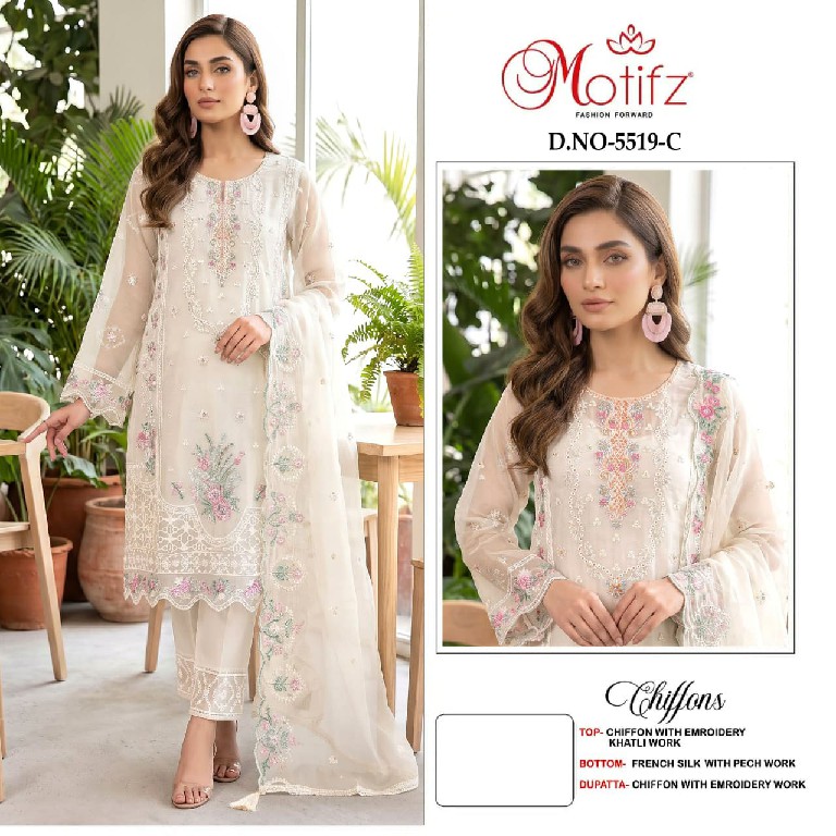 MOTIFZ D.NO 5519 WHOLESALE CHIFFON PAKISTANI ATTRACTIVE UNSTITCH SALWAR SUITS EXPORTER