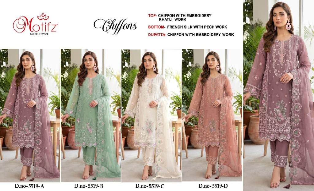 MOTIFZ D.NO 5519 WHOLESALE CHIFFON PAKISTANI ATTRACTIVE UNSTITCH SALWAR SUITS EXPORTER