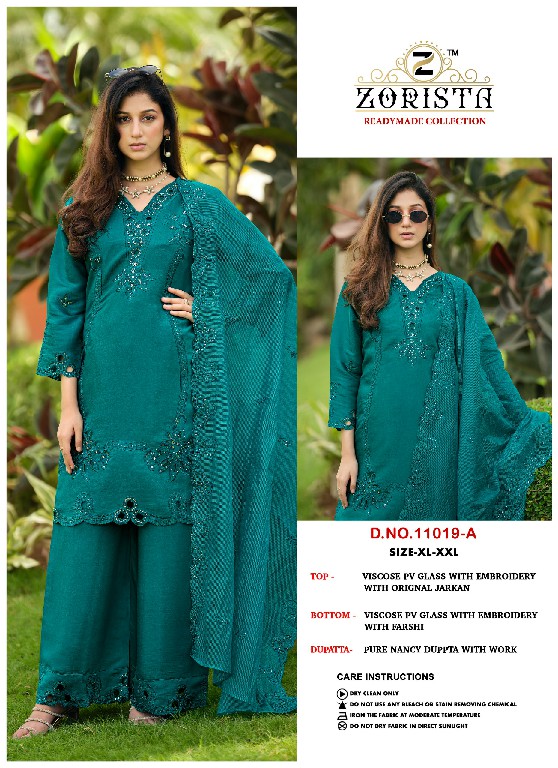 ZORISTA D.NO 11019 WHOLESALE READYMADE PV GLASS SILK PAKISTANI CONCEPT 3 PCS SUITS EXPORTER
