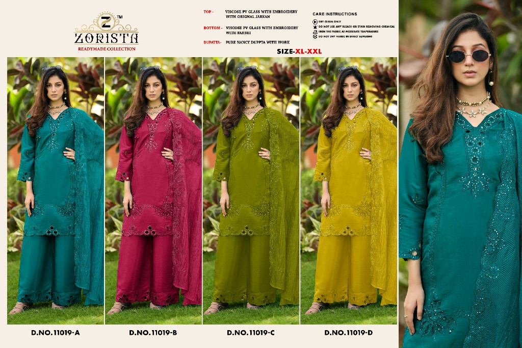 ZORISTA D.NO 11019 WHOLESALE READYMADE PV GLASS SILK PAKISTANI CONCEPT 3 PCS SUITS EXPORTER