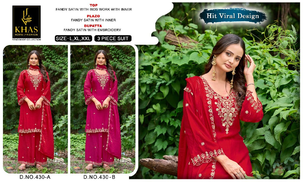 KHAS D.NO 430-429-434-426-433 WHOLESALE READYMADE FANDY SATIN FESTIVE WEAR 3 PCS COMBO SET SUITS SUPPLIER