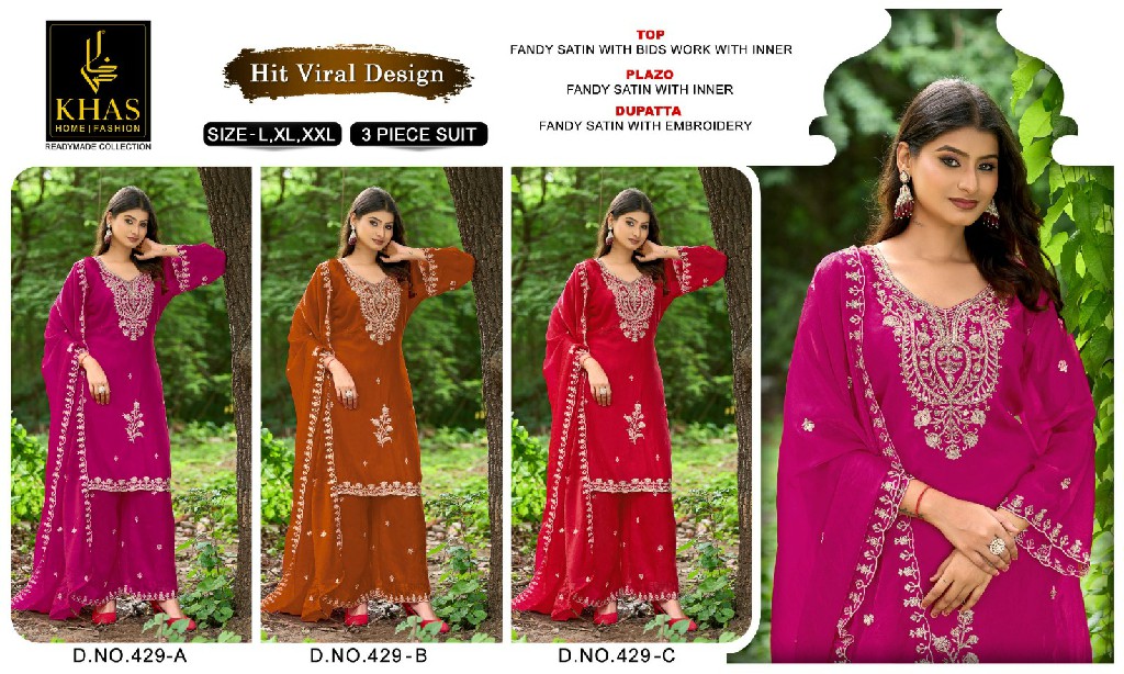 KHAS D.NO 430-429-434-426-433 WHOLESALE READYMADE FANDY SATIN FESTIVE WEAR 3 PCS COMBO SET SUITS SUPPLIER