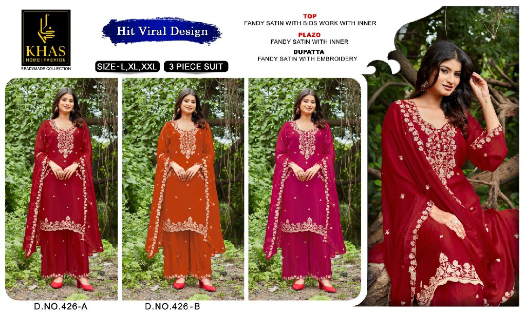 KHAS D.NO 430-429-434-426-433 WHOLESALE READYMADE FANDY SATIN FESTIVE WEAR 3 PCS COMBO SET SUITS SUPPLIER