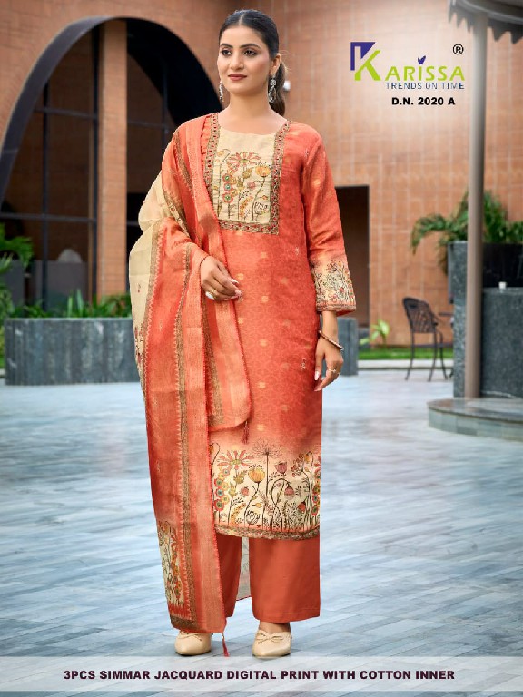 KARISSA D.NO 2020 TO 2026 WHOLESALE READYMADE SOFT SHIMMER JACQUARD AMAZING 3 PCS COMBO SET SUITS SUPPLIER