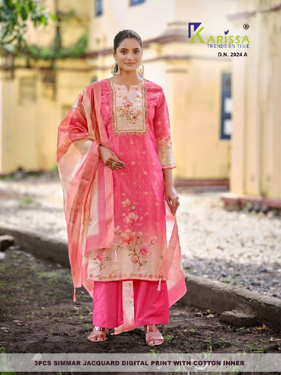 KARISSA D.NO 2020 TO 2026 WHOLESALE READYMADE SOFT SHIMMER JACQUARD AMAZING 3 PCS COMBO SET SUITS SUPPLIER