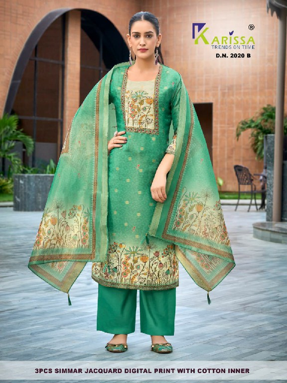 KARISSA D.NO 2020 TO 2026 WHOLESALE READYMADE SOFT SHIMMER JACQUARD AMAZING 3 PCS COMBO SET SUITS SUPPLIER