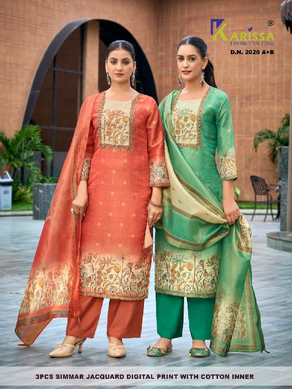 KARISSA D.NO 2020 TO 2026 WHOLESALE READYMADE SOFT SHIMMER JACQUARD AMAZING 3 PCS COMBO SET SUITS SUPPLIER