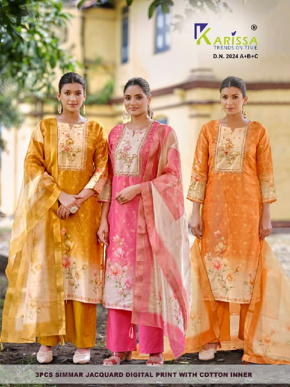 KARISSA D.NO 2020 TO 2026 WHOLESALE READYMADE SOFT SHIMMER JACQUARD AMAZING 3 PCS COMBO SET SUITS SUPPLIER