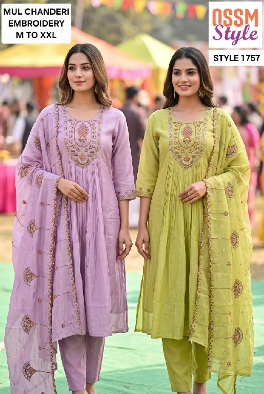 OSSM STYLE D.NO 1756-1757 WHOLESALE READYMADE MUL CHANDERI FANCY 3 PCS COMBO SET SUITS FOR EXPORT