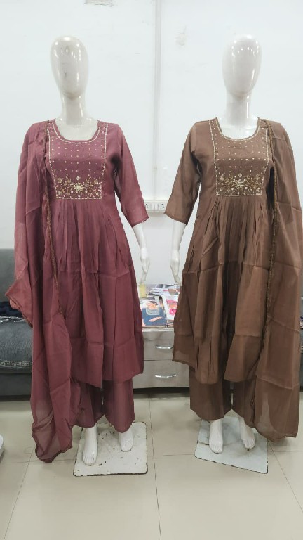 OSSM STYLE D.NO 1756-1757 WHOLESALE READYMADE MUL CHANDERI FANCY 3 PCS COMBO SET SUITS FOR EXPORT