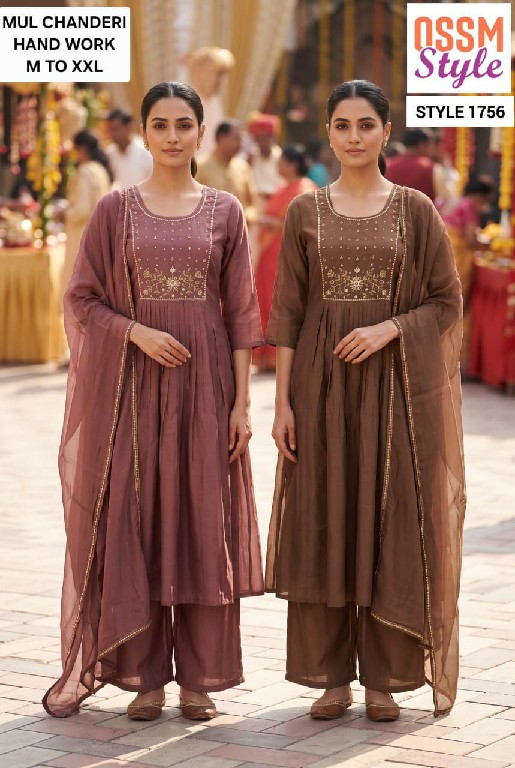 OSSM STYLE D.NO 1756-1757 WHOLESALE READYMADE MUL CHANDERI FANCY 3 PCS COMBO SET SUITS FOR EXPORT