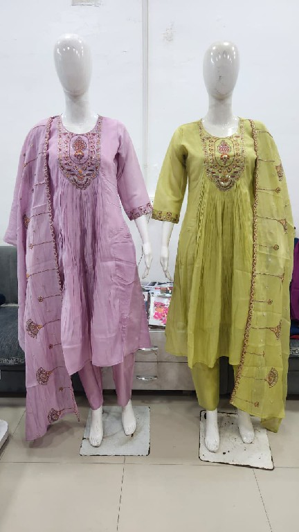 OSSM STYLE D.NO 1756-1757 WHOLESALE READYMADE MUL CHANDERI FANCY 3 PCS COMBO SET SUITS FOR EXPORT