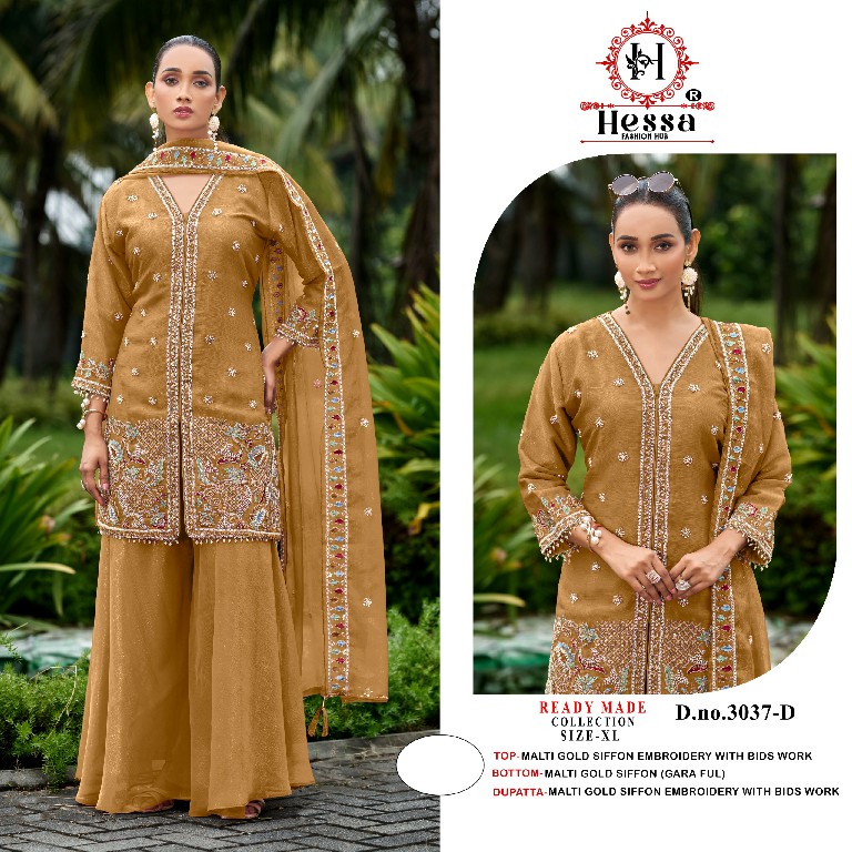 HESSA D.NO 3037 WHOLESALE READYMADE MALTI GOLD CHIFFON UNIQUE PAKISTANI 3 PCS SUITS SUPPLIER