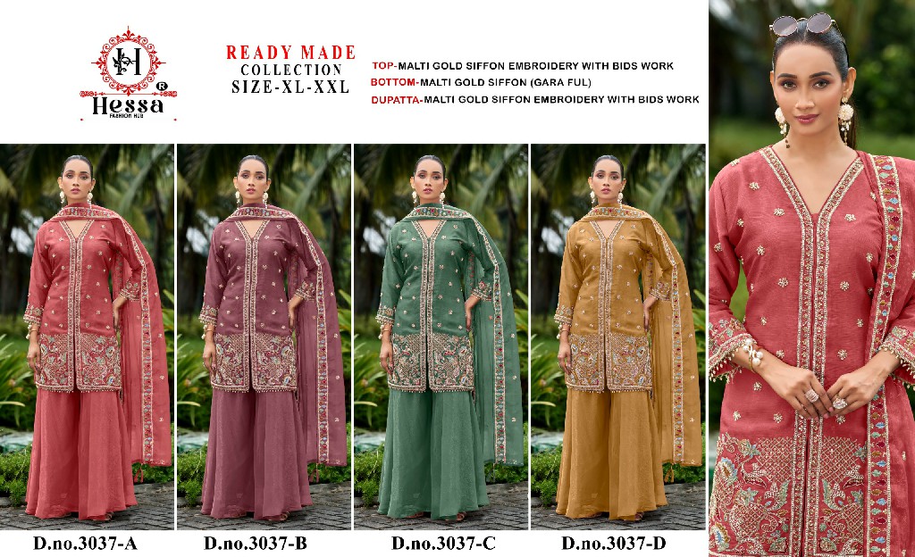 HESSA D.NO 3037 WHOLESALE READYMADE MALTI GOLD CHIFFON UNIQUE PAKISTANI 3 PCS SUITS SUPPLIER