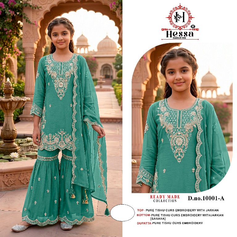 HESSA D.NO 10001 WHOLESALE READYMADE PURE TISHU ETHNIC SHARARA STYLE 3 PCS SUITS FOR KIDS ONLINE