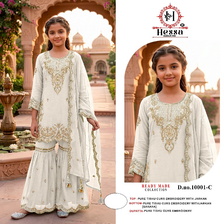 HESSA D.NO 10001 WHOLESALE READYMADE PURE TISHU ETHNIC SHARARA STYLE 3 PCS SUITS FOR KIDS ONLINE