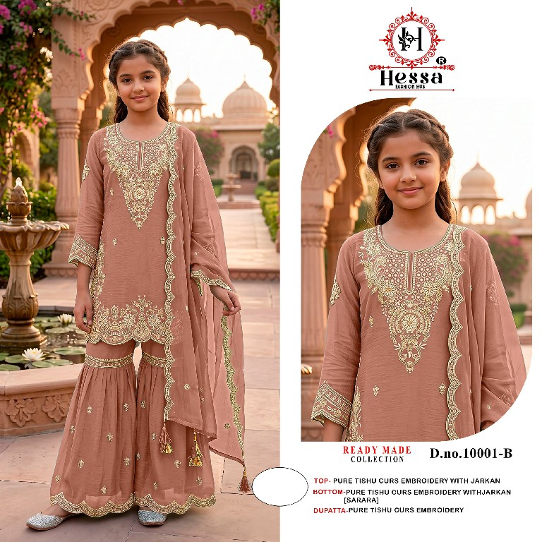 HESSA D.NO 10001 WHOLESALE READYMADE PURE TISHU ETHNIC SHARARA STYLE 3 PCS SUITS FOR KIDS ONLINE