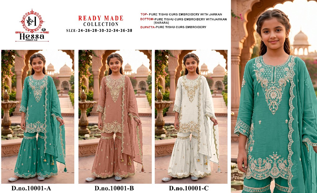 HESSA D.NO 10001 WHOLESALE READYMADE PURE TISHU ETHNIC SHARARA STYLE 3 PCS SUITS FOR KIDS ONLINE