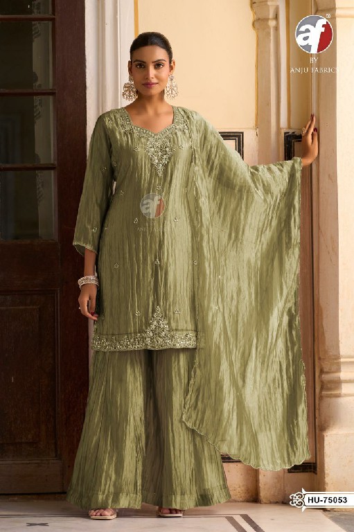 ANJU FAB D.NO HU 75053 TO 75056 WHOLESALE READYMADE TISSUE ORGANZA TRENDING 3 PCS COMBO SET SUITS EXPORTER