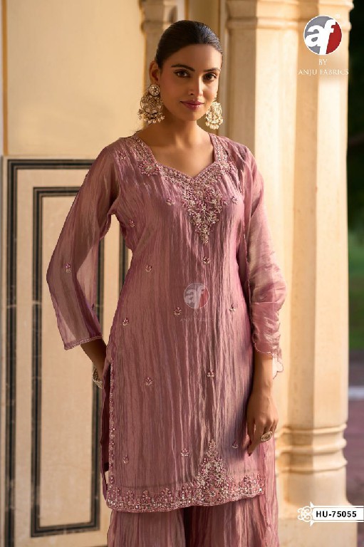 ANJU FAB D.NO HU 75053 TO 75056 WHOLESALE READYMADE TISSUE ORGANZA TRENDING 3 PCS COMBO SET SUITS EXPORTER