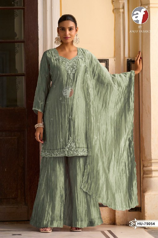 ANJU FAB D.NO HU 75053 TO 75056 WHOLESALE READYMADE TISSUE ORGANZA TRENDING 3 PCS COMBO SET SUITS EXPORTER