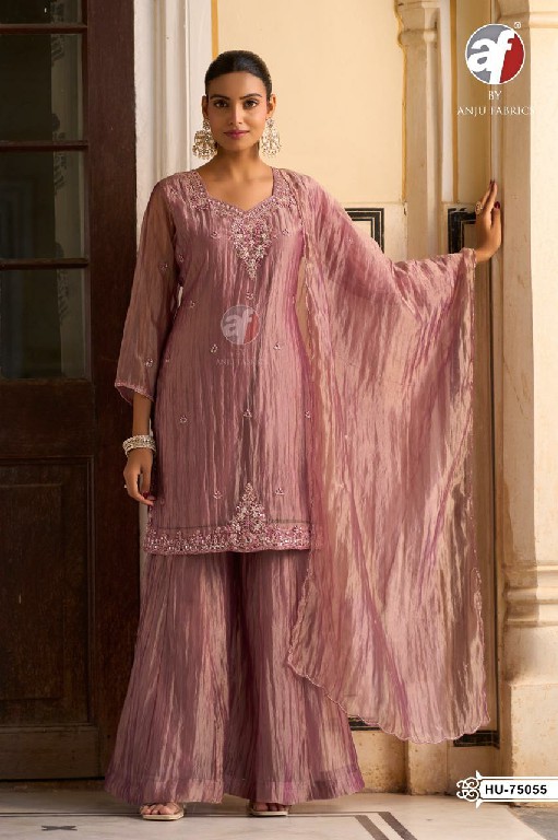 ANJU FAB D.NO HU 75053 TO 75056 WHOLESALE READYMADE TISSUE ORGANZA TRENDING 3 PCS COMBO SET SUITS EXPORTER