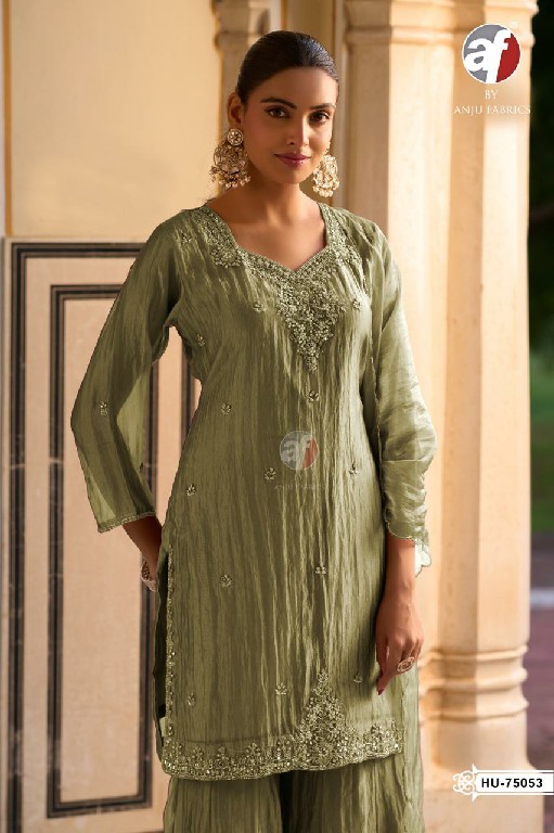 ANJU FAB D.NO HU 75053 TO 75056 WHOLESALE READYMADE TISSUE ORGANZA TRENDING 3 PCS COMBO SET SUITS EXPORTER
