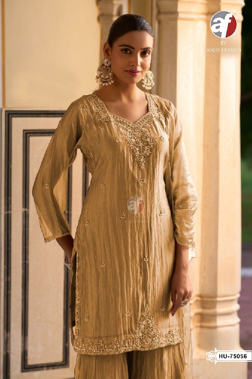 ANJU FAB D.NO HU 75053 TO 75056 WHOLESALE READYMADE TISSUE ORGANZA TRENDING 3 PCS COMBO SET SUITS EXPORTER