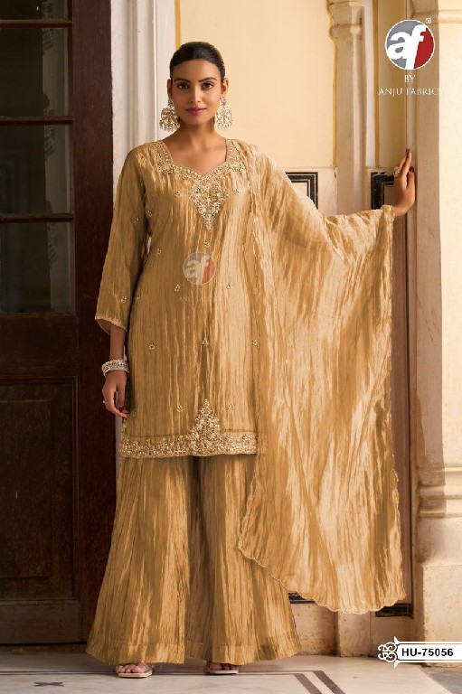 ANJU FAB D.NO HU 75053 TO 75056 WHOLESALE READYMADE TISSUE ORGANZA TRENDING 3 PCS COMBO SET SUITS EXPORTER