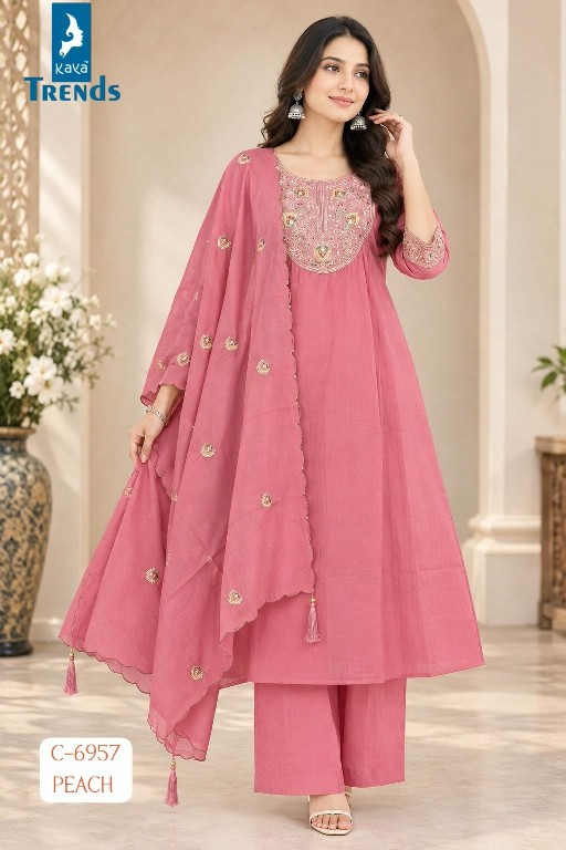 KAYA D.NO 6957 WHOLESALE READYMADE CORAL FANCY WORK BIG SIZE A LINE GHERA STYLE 3 PCS COMBO SET SUITS ONLINE