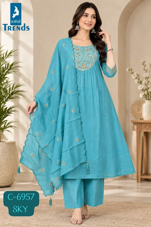 KAYA D.NO 6957 WHOLESALE READYMADE CORAL FANCY WORK BIG SIZE A LINE GHERA STYLE 3 PCS COMBO SET SUITS ONLINE