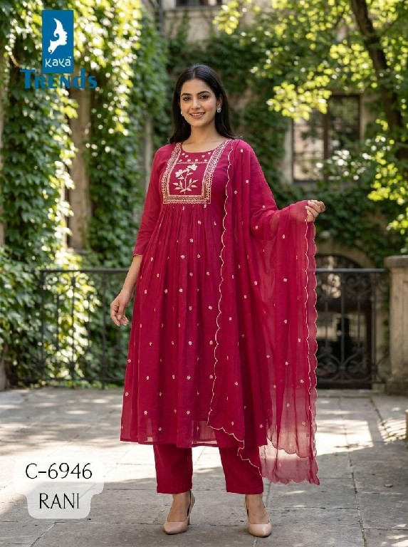 KAYA D.NO 6946 WHOLESALE READYMADE MULL CHANDERI WITH WORK BIG SIZE A LINE GHERA STYLE 3 PCS COMBO SET SUITS EXPORTER