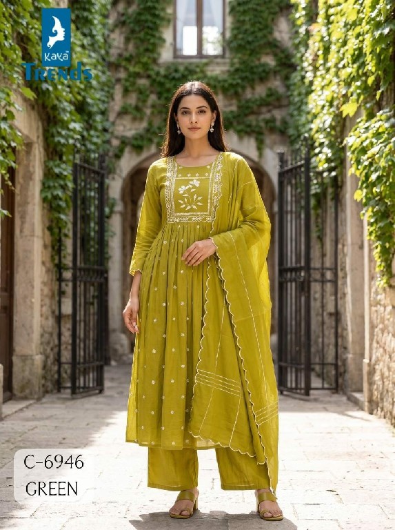 KAYA D.NO 6946 WHOLESALE READYMADE MULL CHANDERI WITH WORK BIG SIZE A LINE GHERA STYLE 3 PCS COMBO SET SUITS EXPORTER