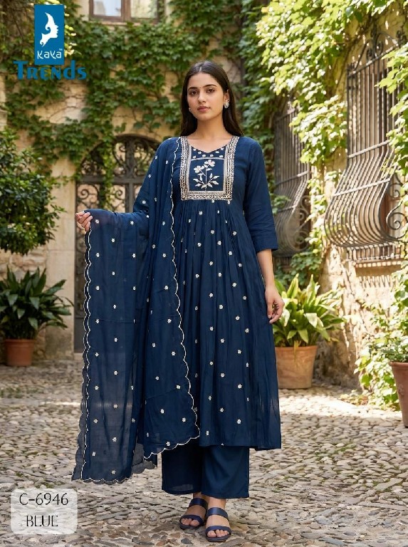 KAYA D.NO 6946 WHOLESALE READYMADE MULL CHANDERI WITH WORK BIG SIZE A LINE GHERA STYLE 3 PCS COMBO SET SUITS EXPORTER