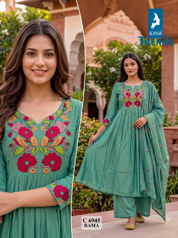 KAYA D.NO 6945 WHOLESALE READYMADE MULL CHANDERI BEAUTIFUL BIG SIZE A LINE GHERA STYLE 3 PCS COMBO SET SUITS SUPPLIER
